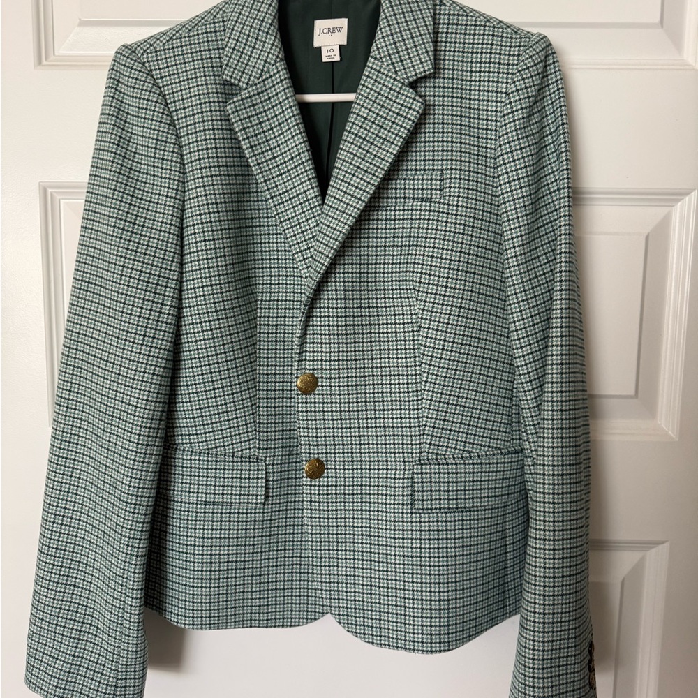 J. Crew Mint Green and Black Checked Wool Blazer
